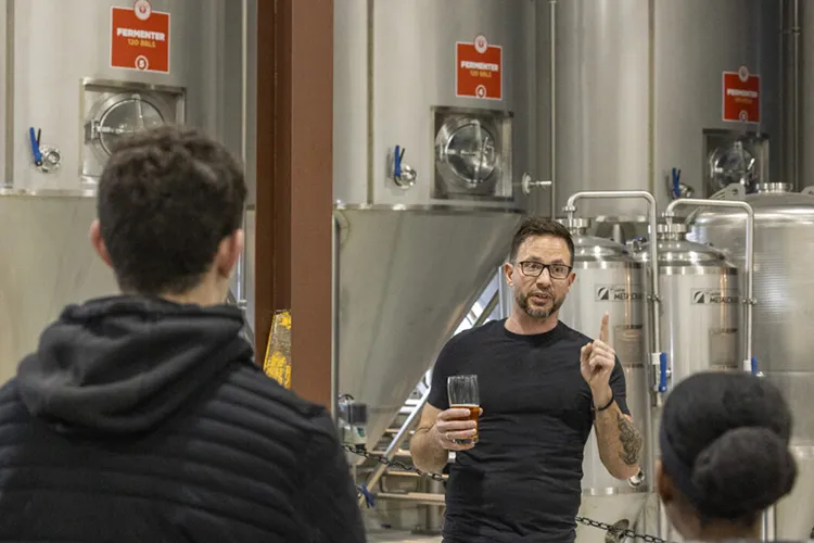 Kurt Driesner, a manager at Urban Chestnut Brewing Co., talks about the brewing process. (All Photos: Joe Angeles/Washington University)